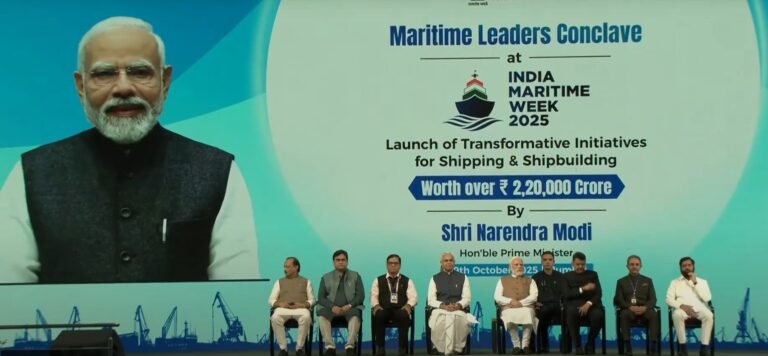 Prime Minister Narendra Modi addresses Maritime Leaders Conclave at India Maritime Week 2025 in Mumbai.
